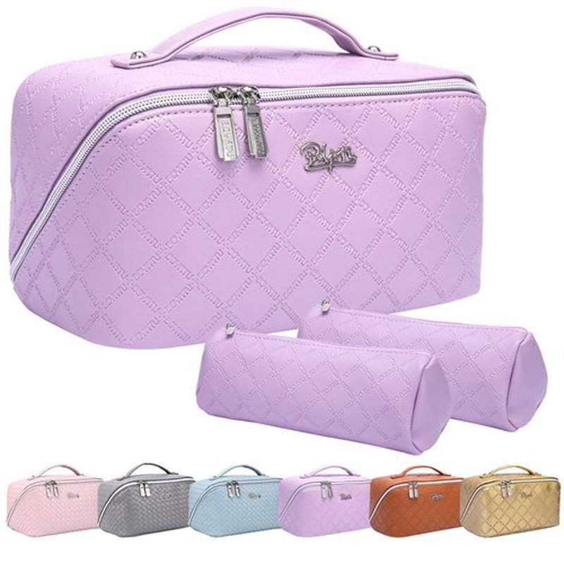 Travel Makeup Bags Cosmetic Organizer Bag: 3-Set Large Capacity Make up Bag - PU Leather Toiletry Bag for Women - Wide Open Portable Pouch with Divider & Handle (07-Purple-1)