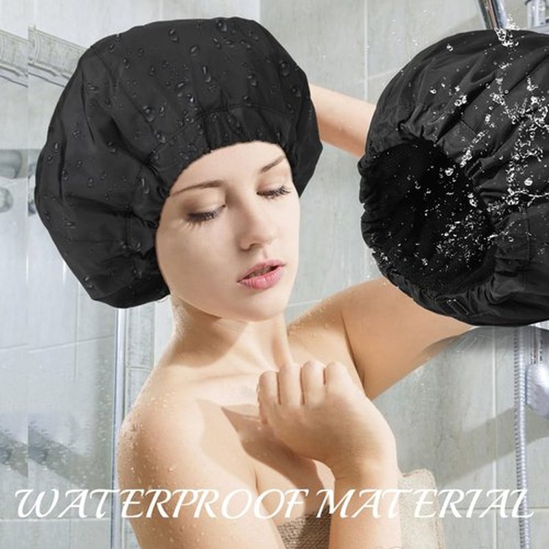 Shower Cap for Women Black Bath Cap, Reversible Large Waterproof Adjustable Shower Caps Terry Lining & Elastic Band Stretch Hem Hair Hat