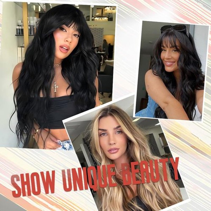 Black Wig with Bangs Long Wavy Black Wigs for Women 26Inch Synthetic Natural Looking Hair Replacement Wig for Daily Party Use Cosplay Costume Halloween Wig