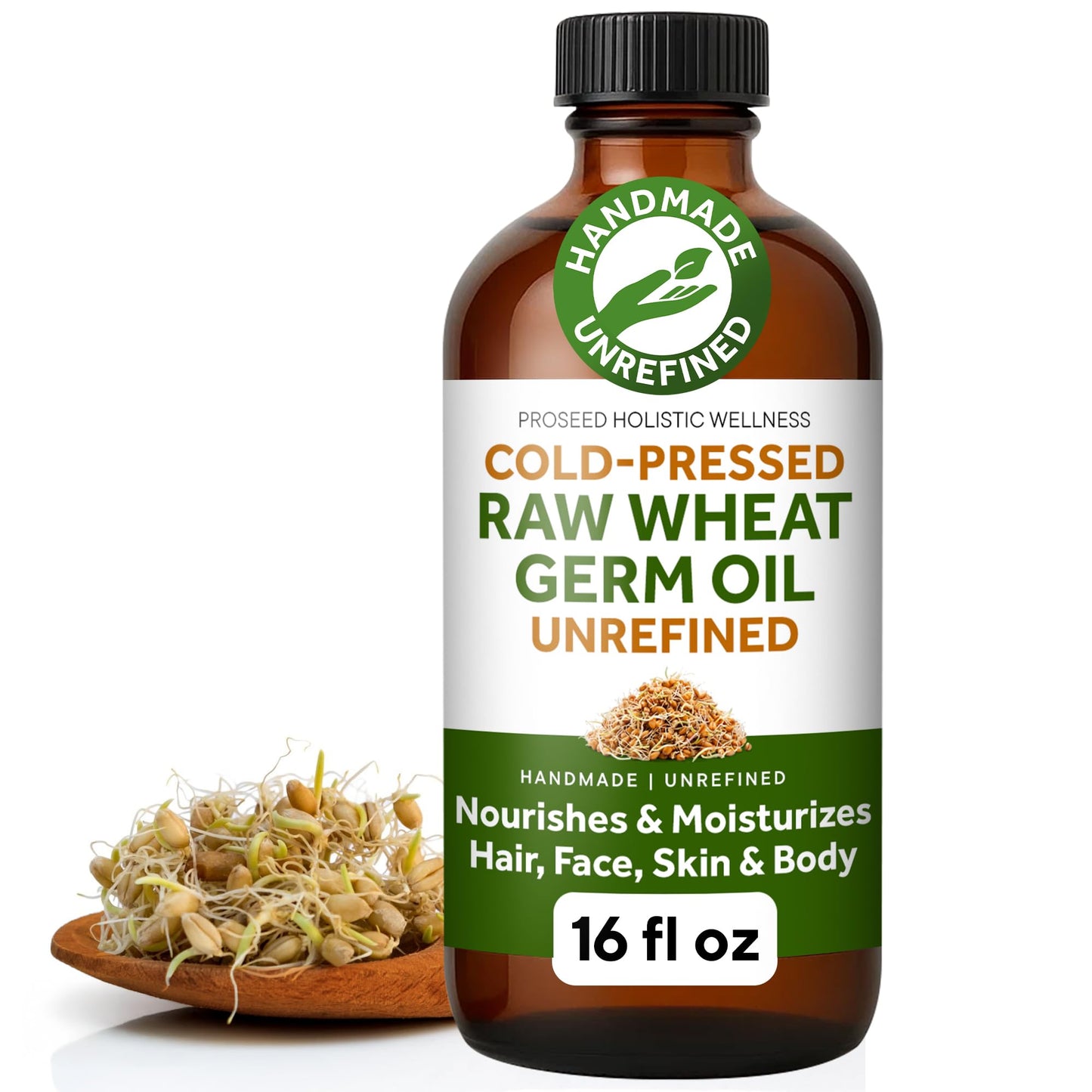 ProSeed Handmade Raw Wheat Germ Oil – Virgin, Unfiltered & Cold-Pressed Non-GMO Carrier Oil – High in Vitamin E & Omega Fatty Acids for Hair, Face, Skin & Body – 480ml (16oz) Glass Bottle