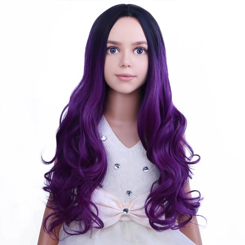PATTNIUM Dark Purple Wig Kids Child Wig Long Curly Wavy Wig Ombre Purple Wig Middle Part Girls Wig Black to Purple Wigs Heat Resistant Synthetic Hair Wig with Wig Cap