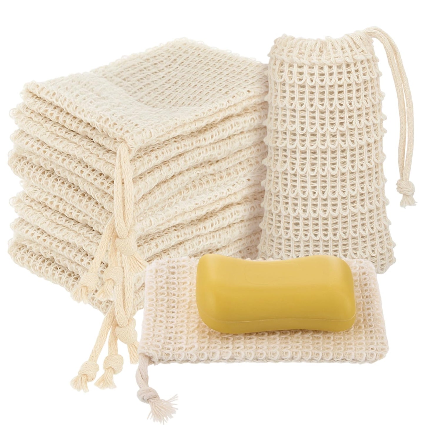 SHENLIU 50 Pack Soap Bags with Drawstring, Mesh Exfoliating Soap Saver Bag Sisal Soaps Pouch Bar Foaming and Drying Exfoliating Net for Bath Shower Massaging Scrubbing (5.3 × 3.7inch)