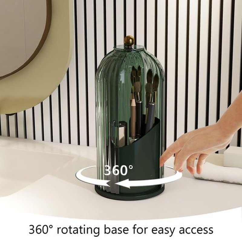 Emljkvp Makeup Brush Holder with Dustproof Cover 360 Rotating Makeup Brush Organizer for Vanity Bathroom, All Green