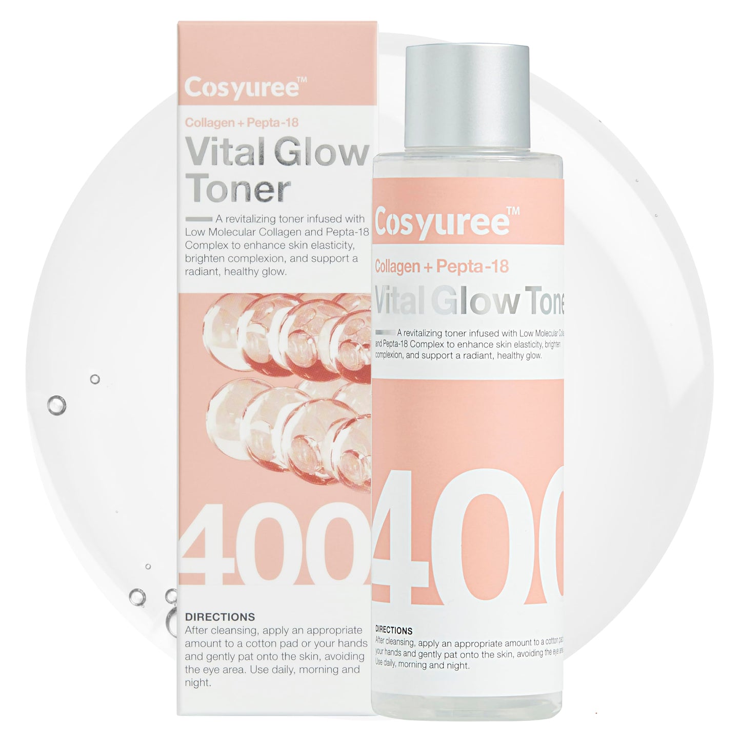 Cosyuree Collagen + Pepta-18 Vital Glow Toner, pH 5.5 Toner, pH Balancing, Absorbing Boost, Calming Skin, Refreshing, Hydrating, Purifying, Korean Skincare, 200ml/6.76 fl.oz