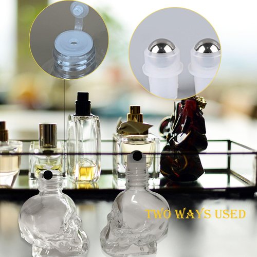 MINELEVEN 7 pcs Set 10ml Mini Skull Glass Oil Roller Bottles Leakproof Essential Oils Bottle for Storage and Travel (transparent)
