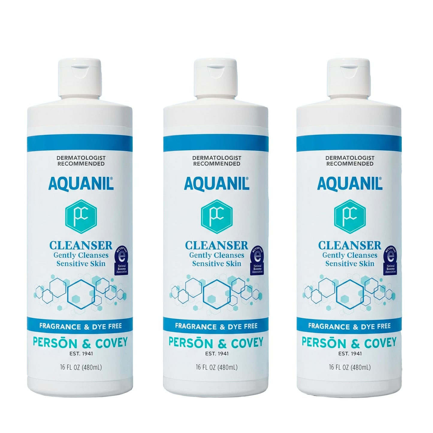 Person & Covey Aquanil Cleanser - Lipid-Free Sensitive Skin Cleanser, Non-Comedogenic Gentle Cleanser - Soap Free Cleanser with 7 Ingredients, Fragrance-Free Skin Care Cleanser - 3 Pack, 16 Fl. Oz.