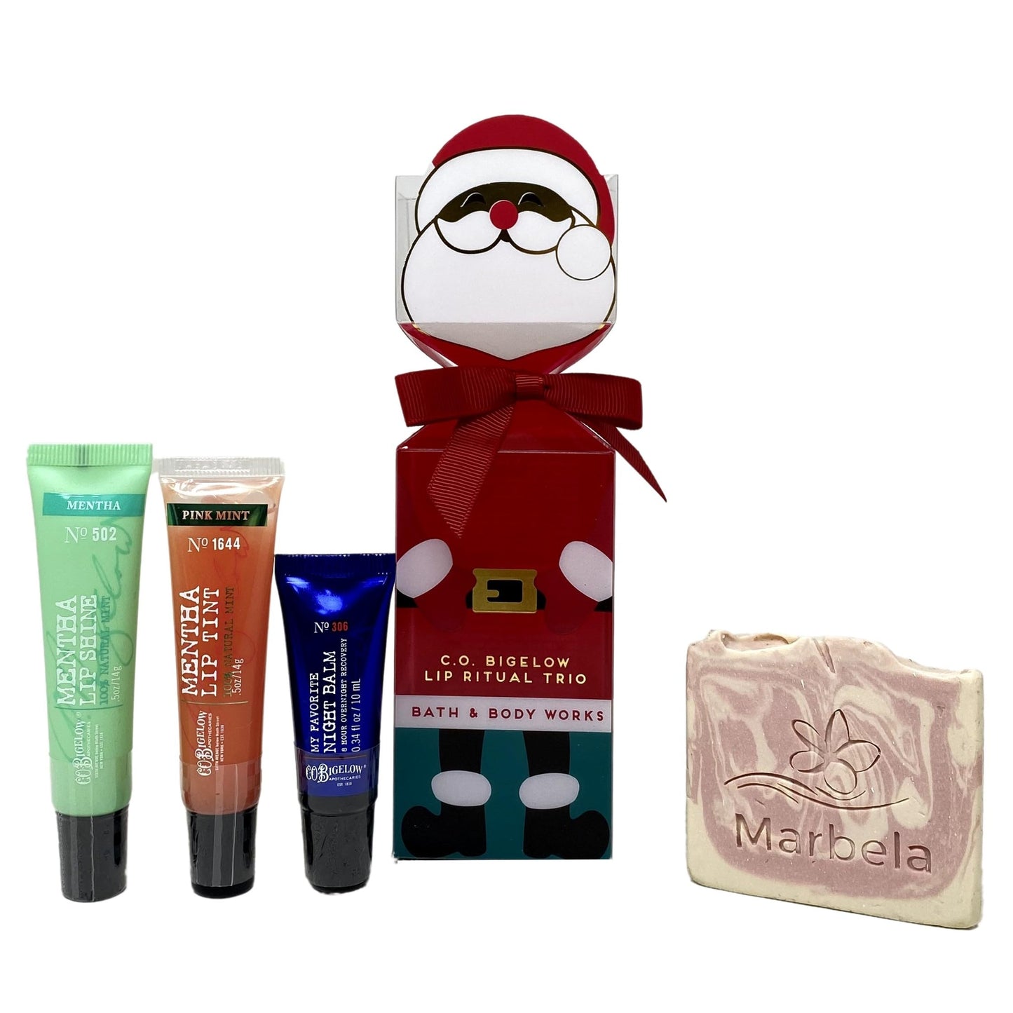 Bath & Body Works C.O. Bigelow Lip Ritual Trio - Mentha Lip Shine, Mentha Pink Lip Tint, My Favorite Night Balm with a Himalayan Salts Springs Sample Soap.