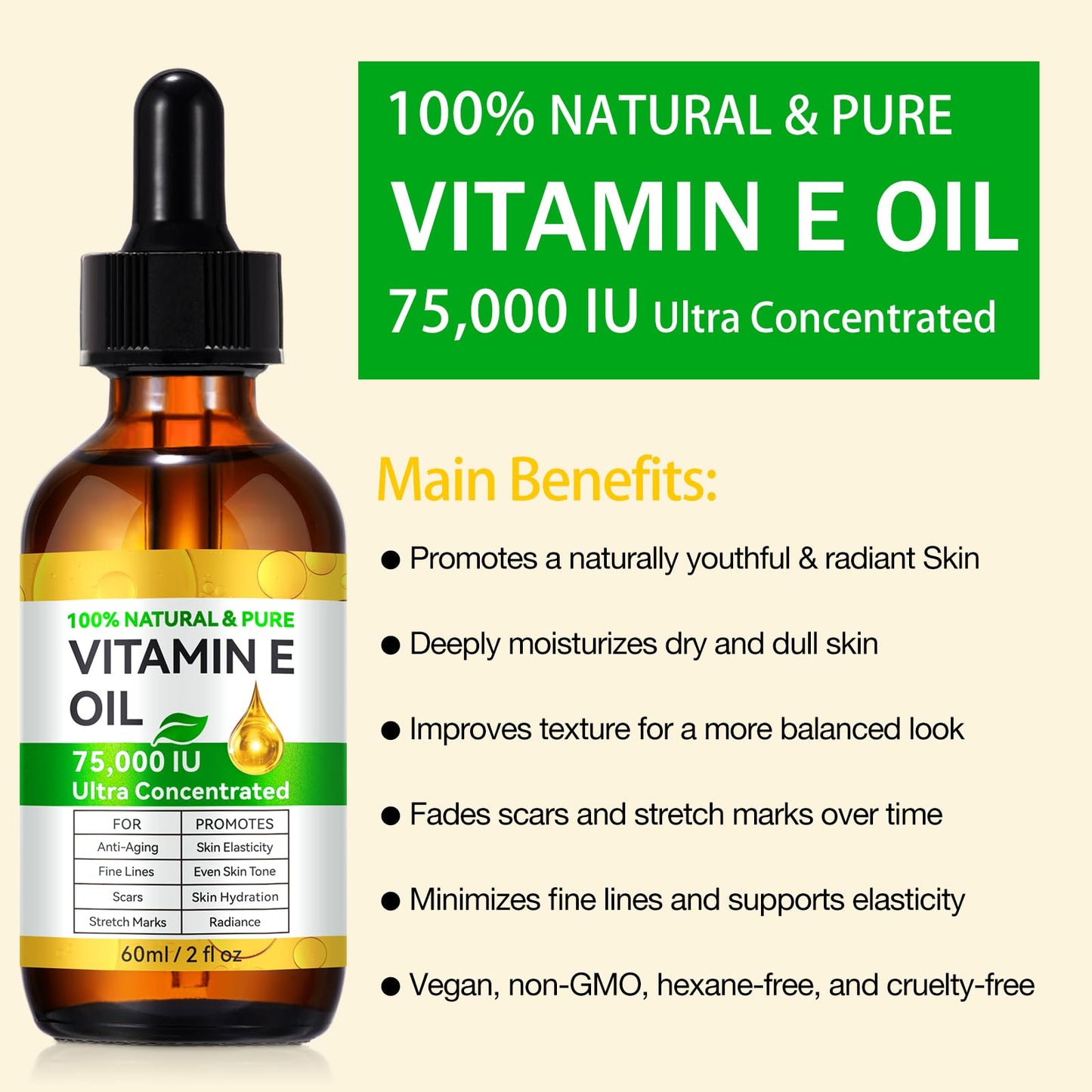Tiuedu 2PCS Natural Vitamin E Oil for Skin, Ultra Concentrated Vitamin E Oil for Face, Hair and Scars, Moisturizing Dry Skin Oils, Promotes Skin Elasticity