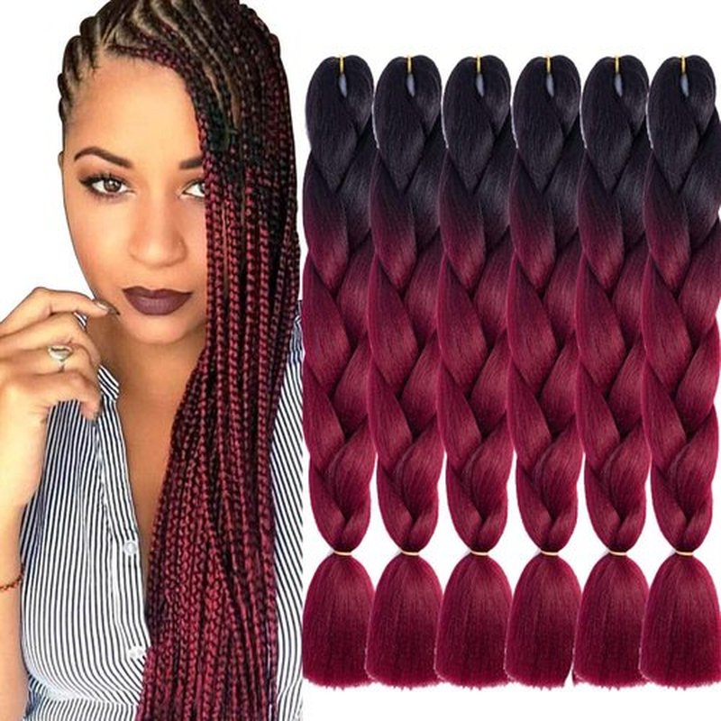 SHUOHAN 6 Packs Ombre Jumbo Braiding Hair Extensions 24 Inch High Temperature Synthetic Fiber Hair Extensions for Box Braids Braiding Hair (Black to Wine Red)