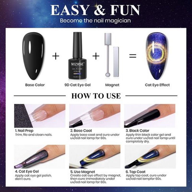 MIZHSE 9D Cat Eye Gel Nail Polish Set, Magnetic Gel Polish 10ml 6 Colors with 2 Magnet Sticks, Chameleon Galaxy Shiny Magic Effect Cateye Nail Gel Soak off Nail Art Gift for Women