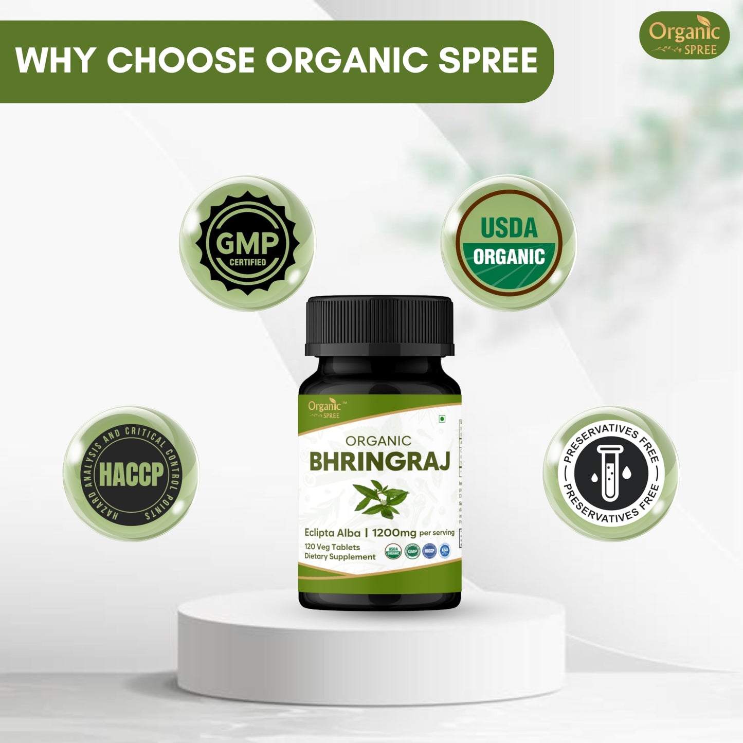 ORGANIC SPREE Bhringraj 120 Tablets - USDA Organic Bhringraj (Eclipta alba) Supplement, Supports Hair Nourishment* - Pack of 3