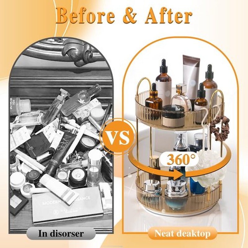 Megapuxin Rotating Makeup Organizer for Vanity,Large Perfume Organizers Skincare Make Up Storage Perfume Organizers Countertop Organizer with Extra Hooks and Stickers for Bathroom