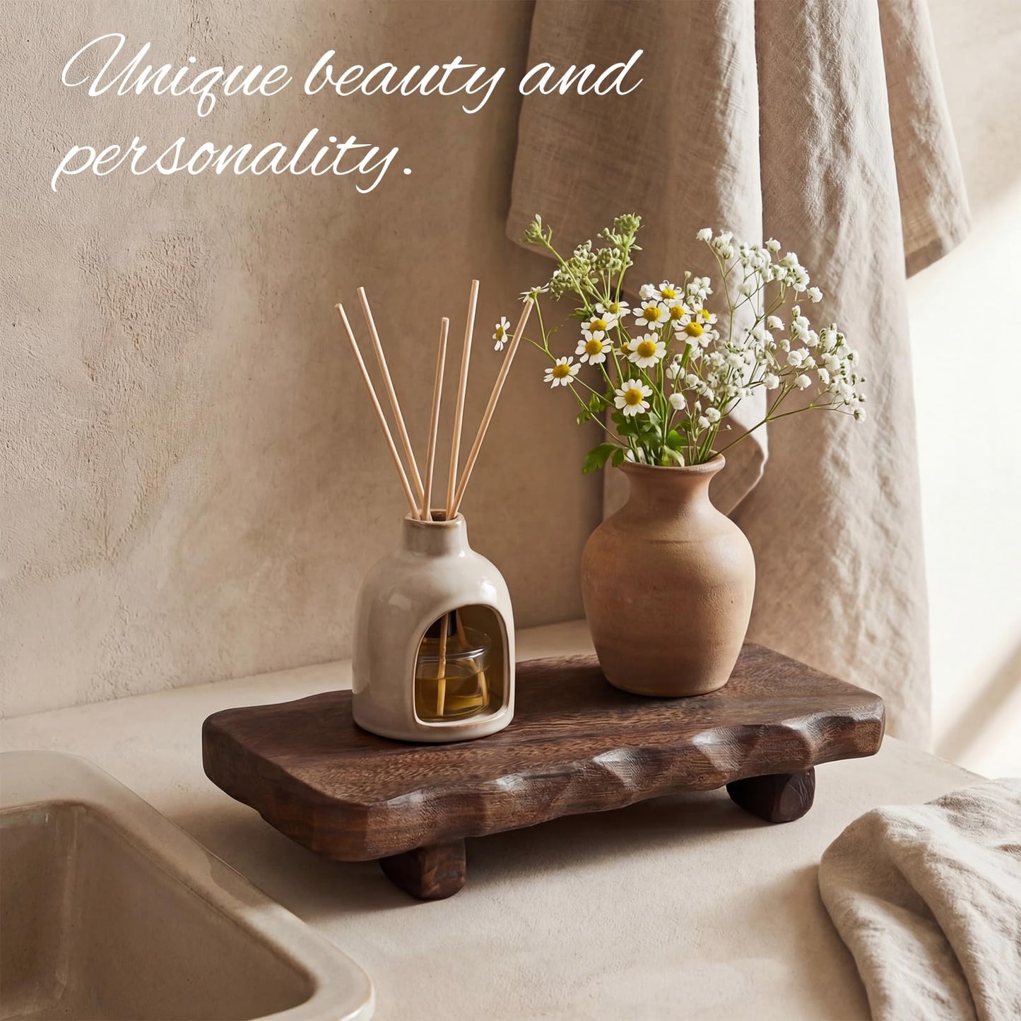 Briwooody 22 x 9 Inch Decorative Found Wood Board Farmhouse Wood Riser Pedestal Stand for Kitchen Bathroom Counter, Rustic Wooden Board for Plant, Jewelry, Vanity, Candle