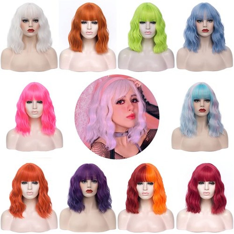 WGPFWIG Women's Yellow Green Wig Short Curly Wavy Wig Shoulder Length Flat Bangs Wig For Women Girl Cosplay Party Halloween Wig Cap Included (Yellow Green)