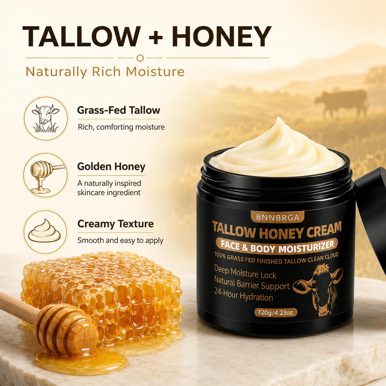Organic Tallow Honey Cream for Face & Skin - Tallow and Honey Balm100% Pure Grass-Fed Tallow Face Moisturizer, Ultra- Hydrating & Nourishing, Natural Skincare Solution for Dry & Sensitive Skin