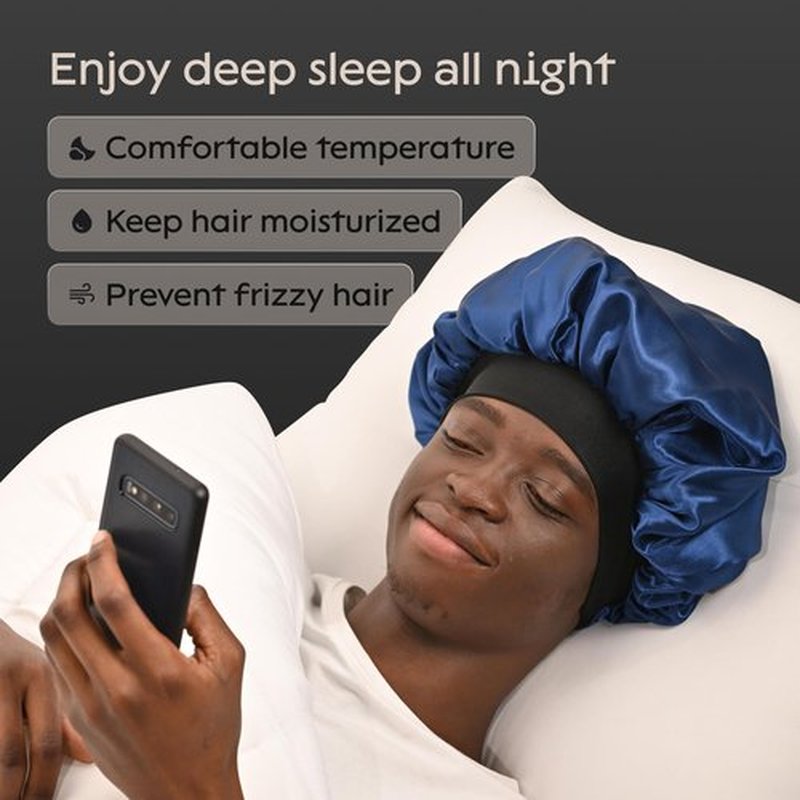 Niagara Satin Bonnet Men - Blue Bonnet for Sleeping Men - Reversible Night Cap - Mens Bonnet for Curly Hair - Large Bonnet with Double Layer (Black/Blue)