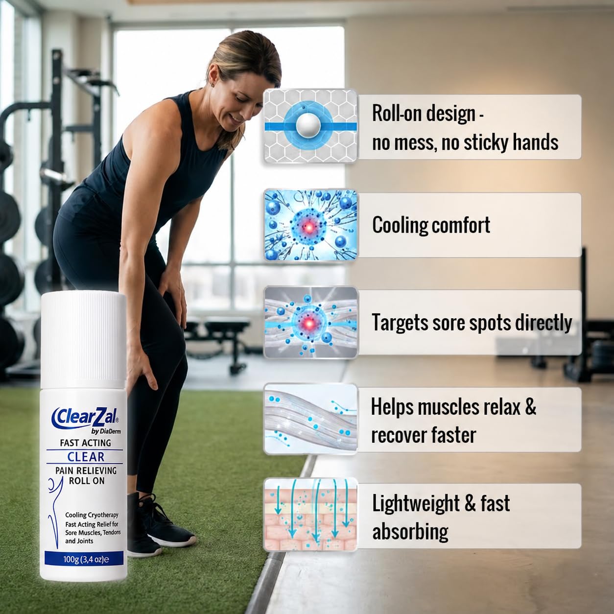 ClearZal Pain Roll On Gel with Menthol, Glucosamine & Chondroitin, Cooling Relief for Knee, Lower Back, Neck, Joint & Muscle Discomfort, Wintergreen, Aloe Vera & Frankincense, Non-Greasy, 3.4 Oz