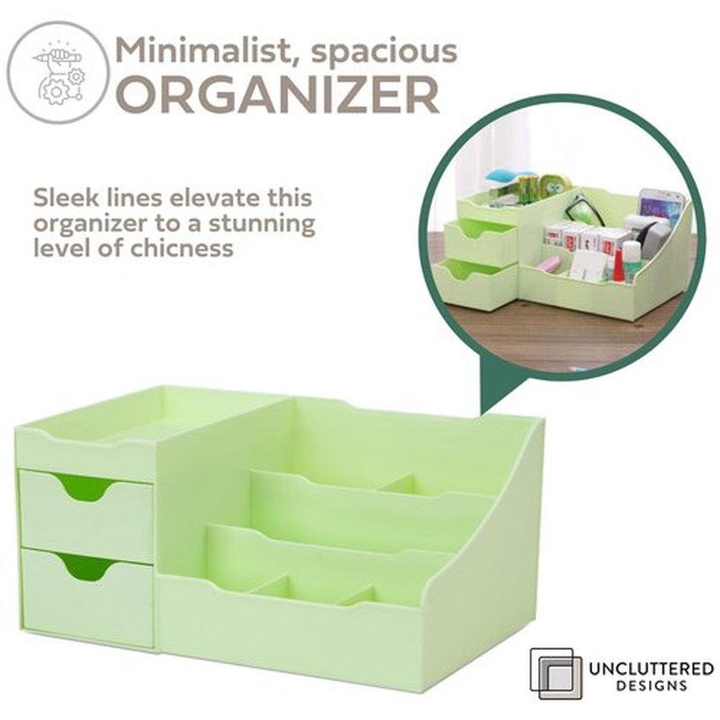 Uncluttered Designs Makeup Organizer With Drawers - Modern Countertop Storage for Cosmetics - Chic Vanity Holder for Perfume, Skincare, Brush, Lipstick, Nail Polish Organization & Display (Green)