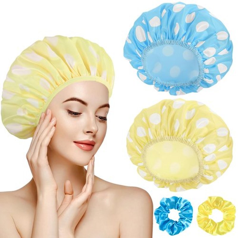 2 Sets Large Shower Caps for Women, Waterproof Shower Cap Double Layers Bath Caps Stocking Stuffers for Women Long Thick Hair (Blue/Yellow)