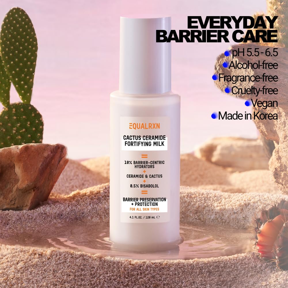 EqualRXN Cactus Ceramide Fortifying Milk - Hydrating & Moisturizing Milky Toner with Ceramide NP, 0.5% Bisabolol & 10% Barrier Hydrators, Alcohol-Free Toner for Sensitive, Dry & Dehydrated Skin
