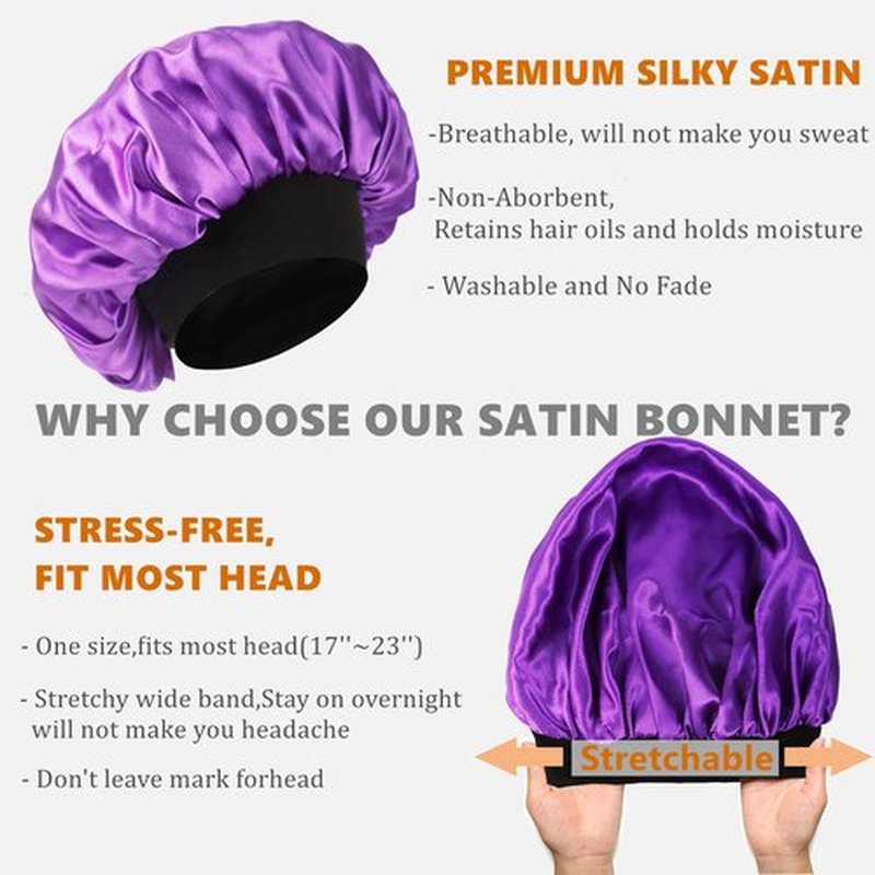 Bonnet for Men,Hair Bonnet for Sleeping,Double Layer Satin Bonnets for Black Women Curly Hair Braids,Reversible Sleep Cap (Large,Black/Purple)