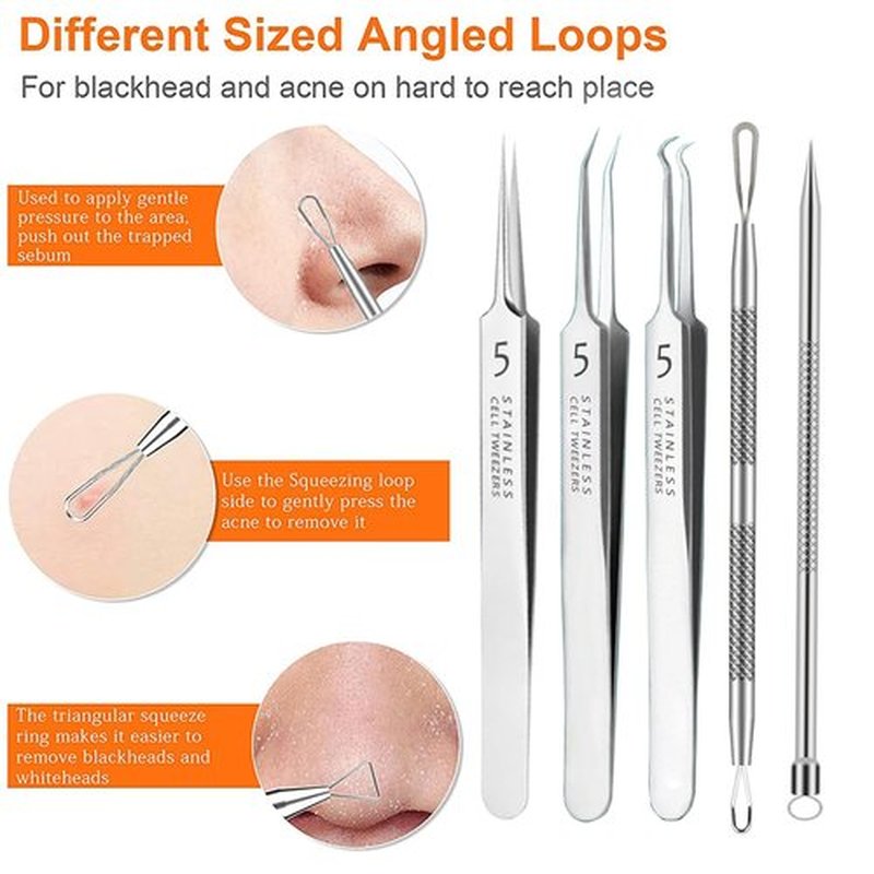 5pcs Blackhead Remover Tweezers Pimple Popper Tool Kit, Precision Acne Needle Comedone Blackhead Tweezers Extractor Removal Whitehead Popping Zit for Nose Face Skin Blemish Extractor Tool - Glossy