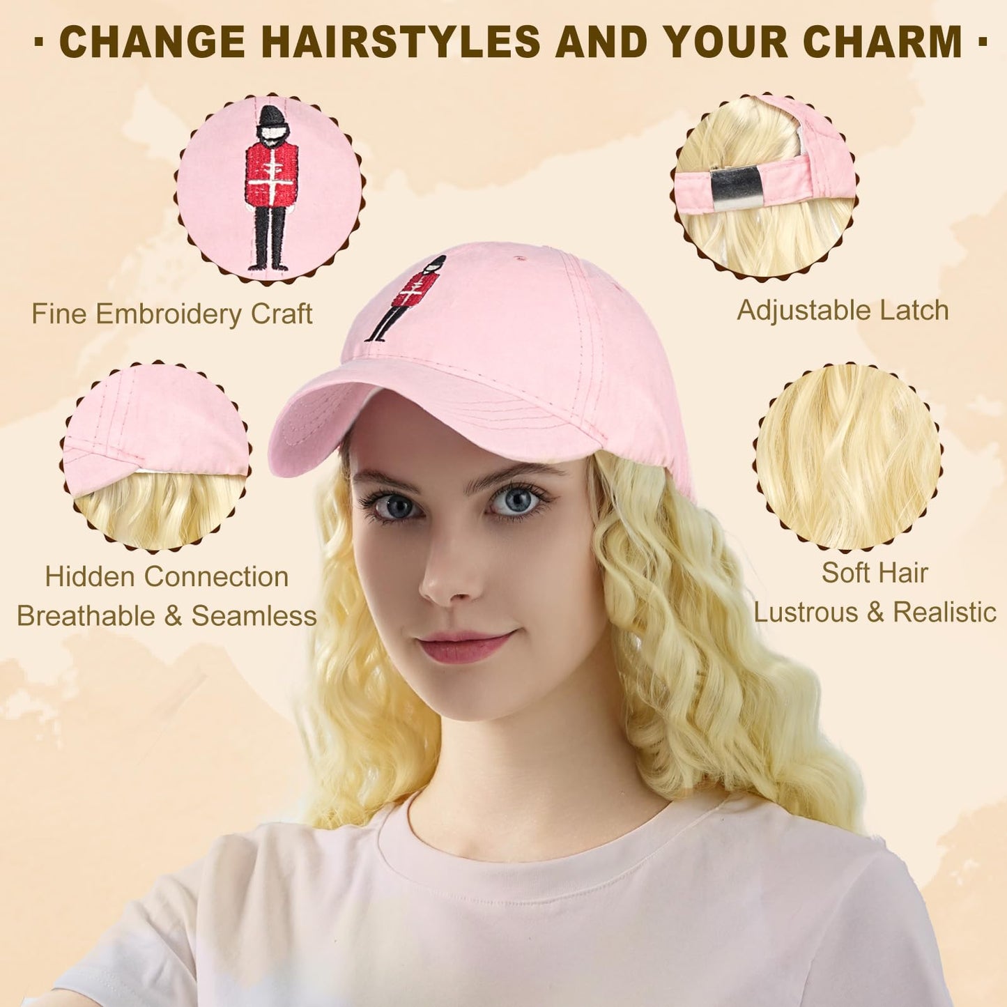 SUNBORRY Hat Wig for Women Baseball Cap with Hair hat with hair attached for women Extensions Adjustable Hat Attached 39" Long Wavy Hairpieces Synthetic Wig