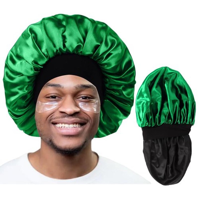 Bonnet for Men,Hair Bonnet for Sleeping,Double Layer Satin Bonnets for Black Women Curly Hair Braids,Reversible Sleep Cap (Large,Black/Green)