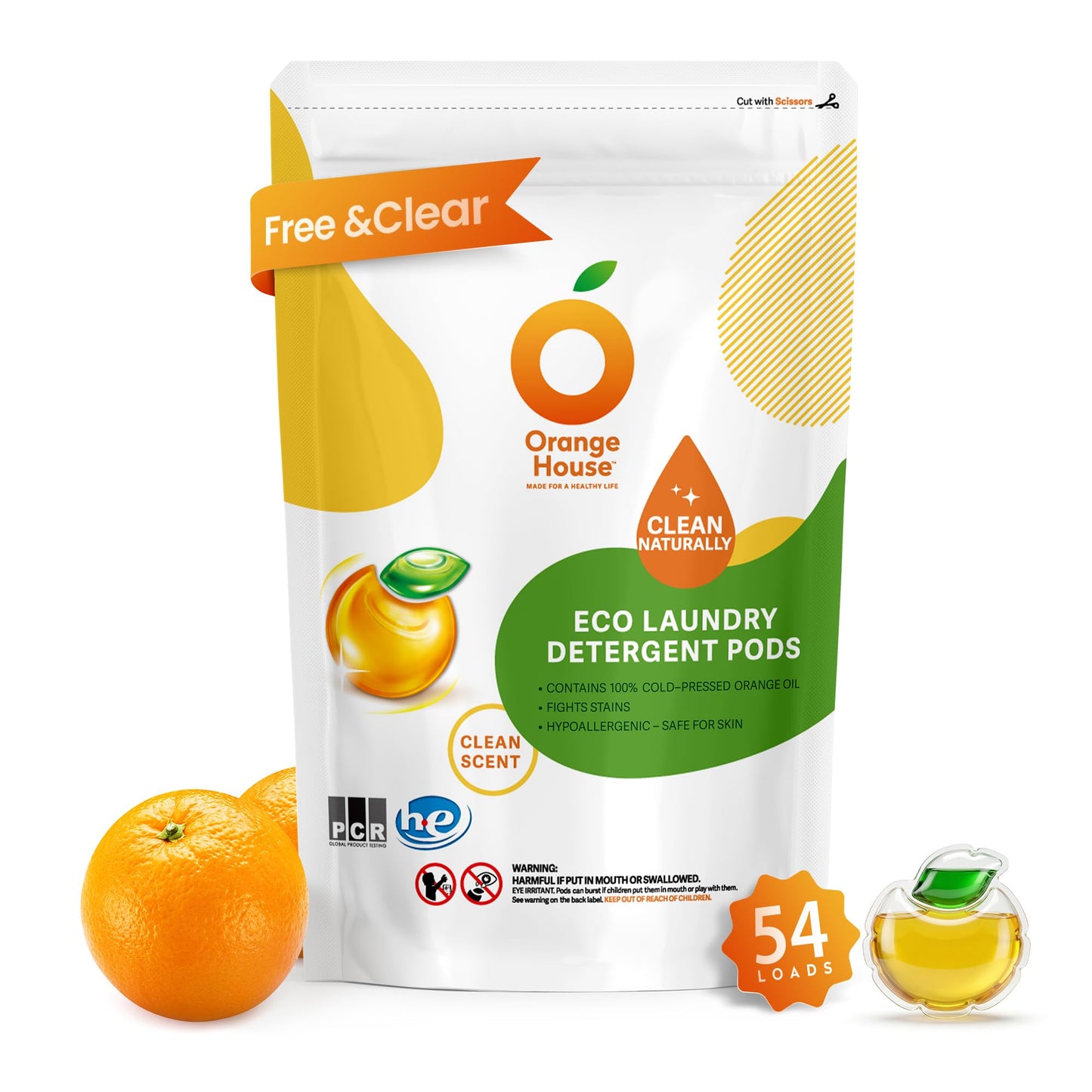 ORANGE HOUSE Laundry Detergent Pods, Natural Plant-Based Detergent with Orange Oil｜Hypoallergenic, Child-Resistant Pouch, Free & Clean, Scent-Free, HE & Standard Machine Compatible. 54 Count