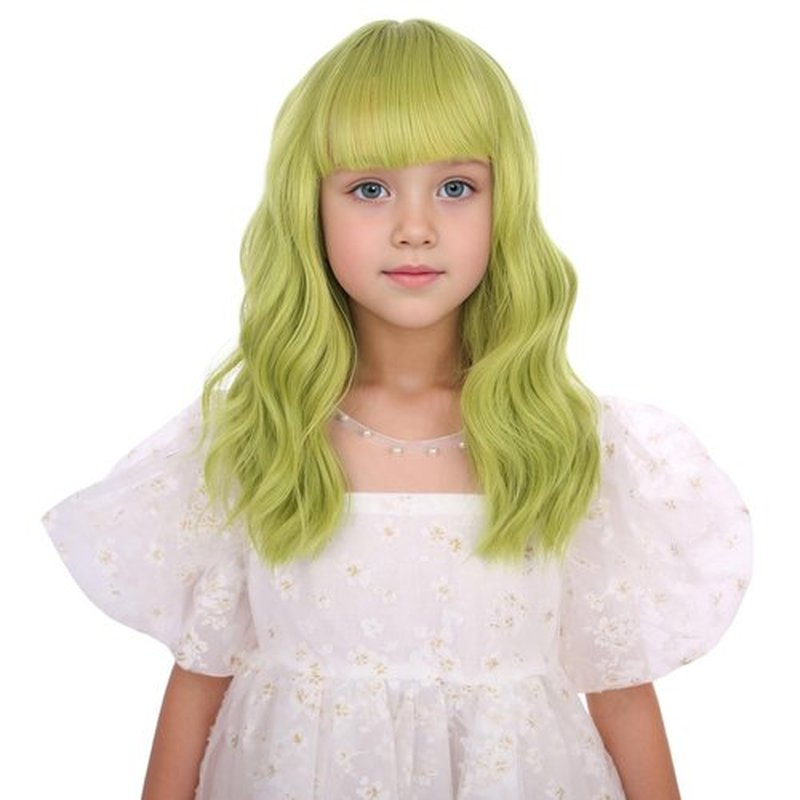 Edivd Child Olive Green Wig Short Light Green Wig with Air Bangs for Girls Kids Short Avocado Green Wavy Curly Wig Heat Resistant Synthetic Wig with Wig Cap