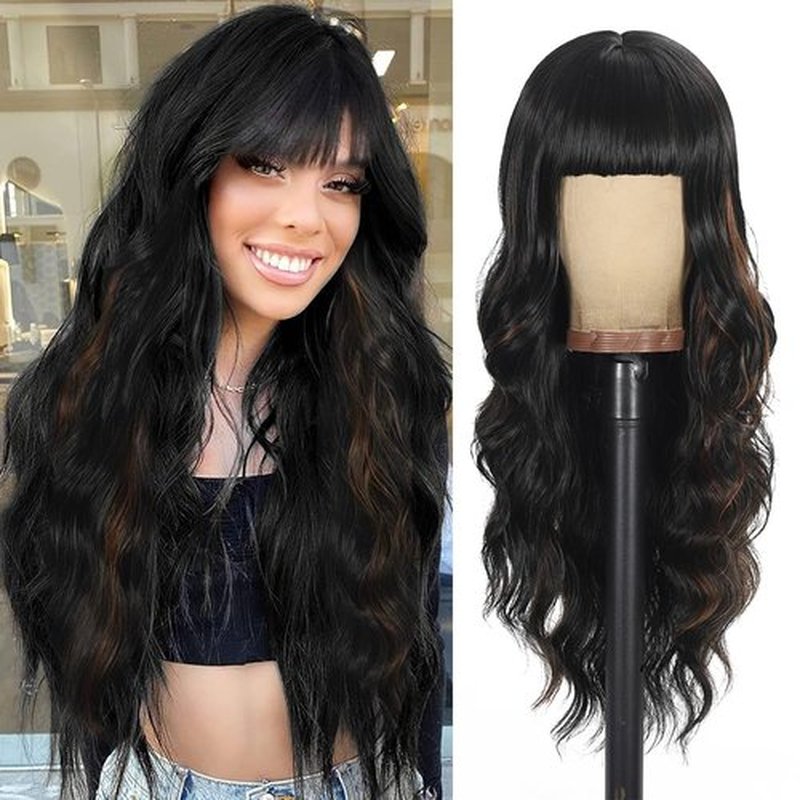 UNNYMGER Black Mixed Brown Wigs with Bangs,Long Curly Wig for Women Long Wavy Wig Synthetic Hair Wig for festival holiday Use 26IN (2-30)