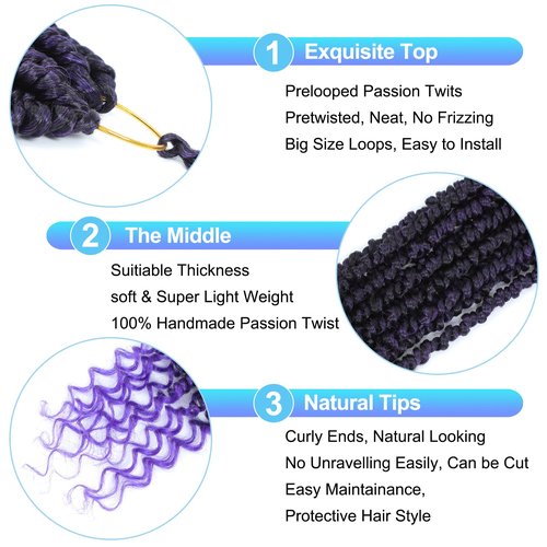 Pre-twisted passion twist hair Purple, 12 Inch 9 Packs Pretwisted Passion Twist Crochet Hair,Soft Pre Looped Curly Ombre Brown Crochet Hair For Women,Short Crochet Braids(12",Tpurple#)