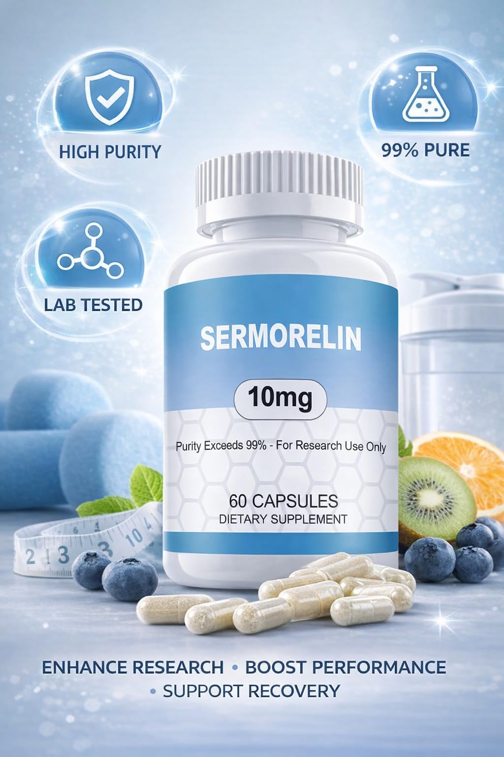WUCOO Sermorelin Research Peptide, 10MG Research Grade Capsules, 99% Purity - 60 ct