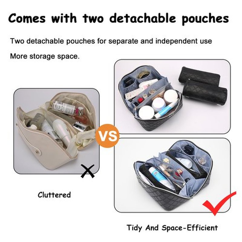 Travel Makeup Bags Cosmetic Organizer Bag: 3-Set Large Capacity Make up Bag - PU Leather Toiletry Bag for Women - Wide Open Portable Pouch with Divider & Handle (07-Black 6)