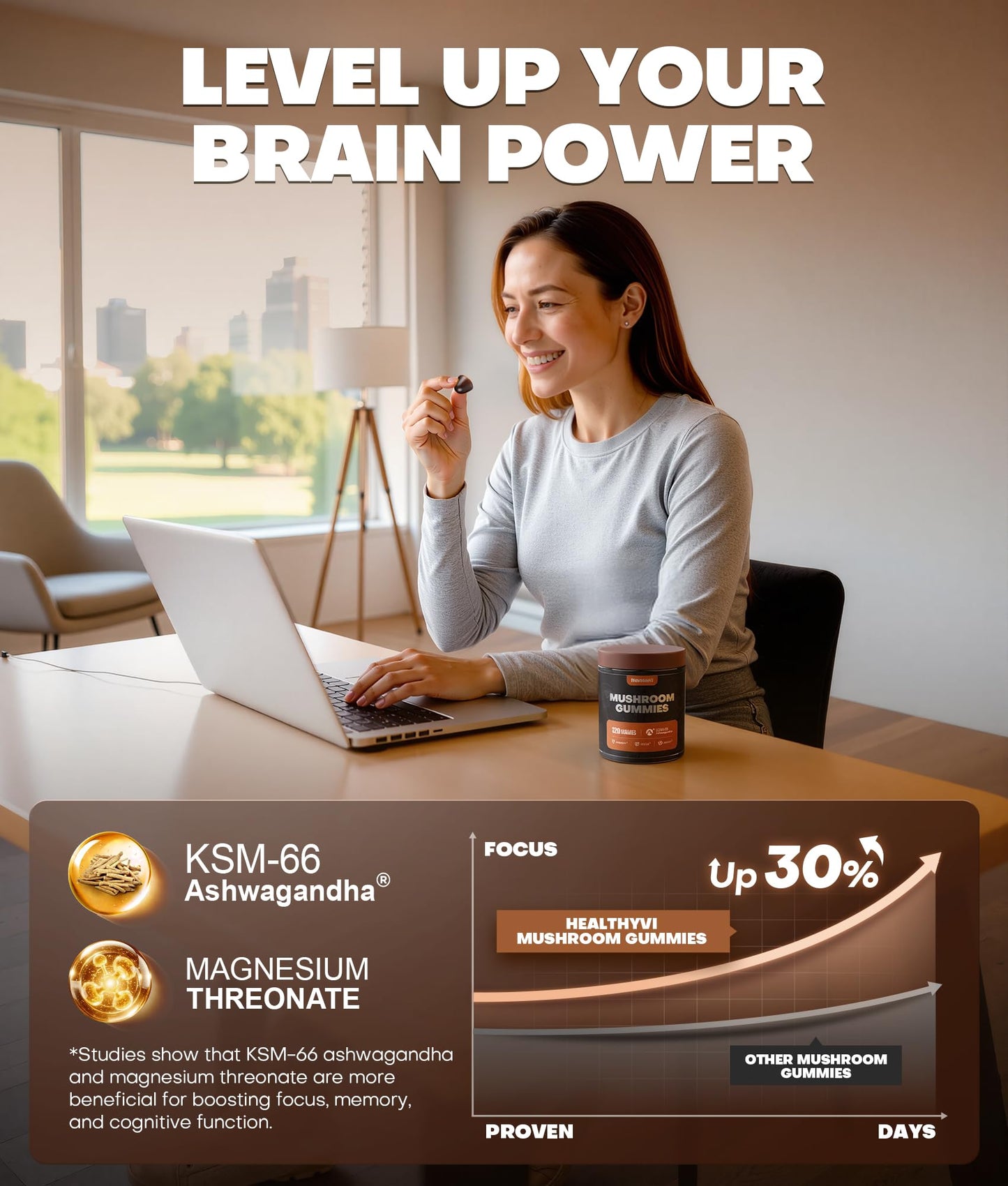10-In-1 Mushroom Gummies with KSM-66 Ashwagandha & Magnesium Threonate Boosts Focus, Memory & Cognitive, 120 Ct Mushroom Supplement with Vitamin D3 & B12 for Immunity & Energy, Vegan, Blueberry Flavor