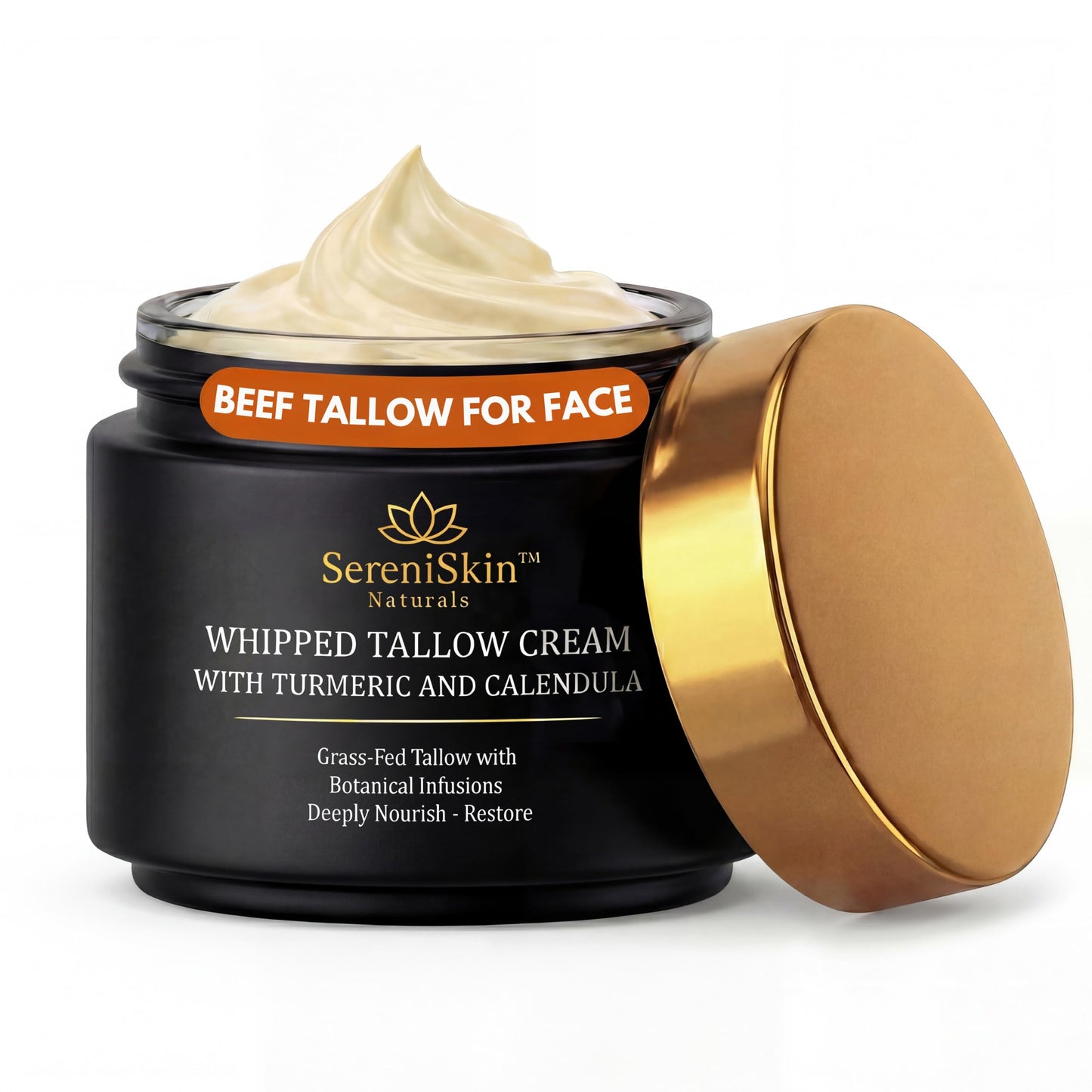 SereniSkin Grass-Fed Beef Tallow for Face & Skin - Deep, Long-Lasting Hydration & Skin Barrier - Whipped Organic Face Moisturizer & Body Cream for Dry, Sensitive Skin - Non-Greasy, Fragrance-Free, 4oz