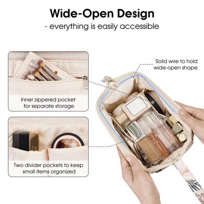 Narwey Large Women Makeup Bag Wide-open Make up Bag Travel Cosmetic Organizer Toiletry Bag for Cosmetics Toiletries Accessories (Beige Flamingo)