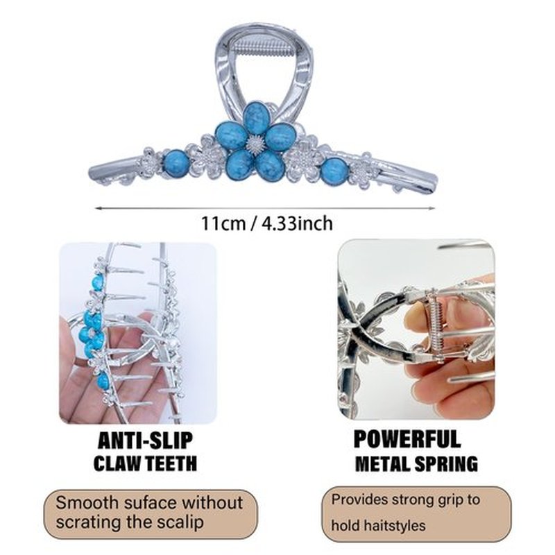 Dailyyart Large Large Metal Hair Claw Clips 4.5 In Silver Turquoise Stone Sun Flower Western Hair Claw for for Thin Thick Curly Hair (Flower)