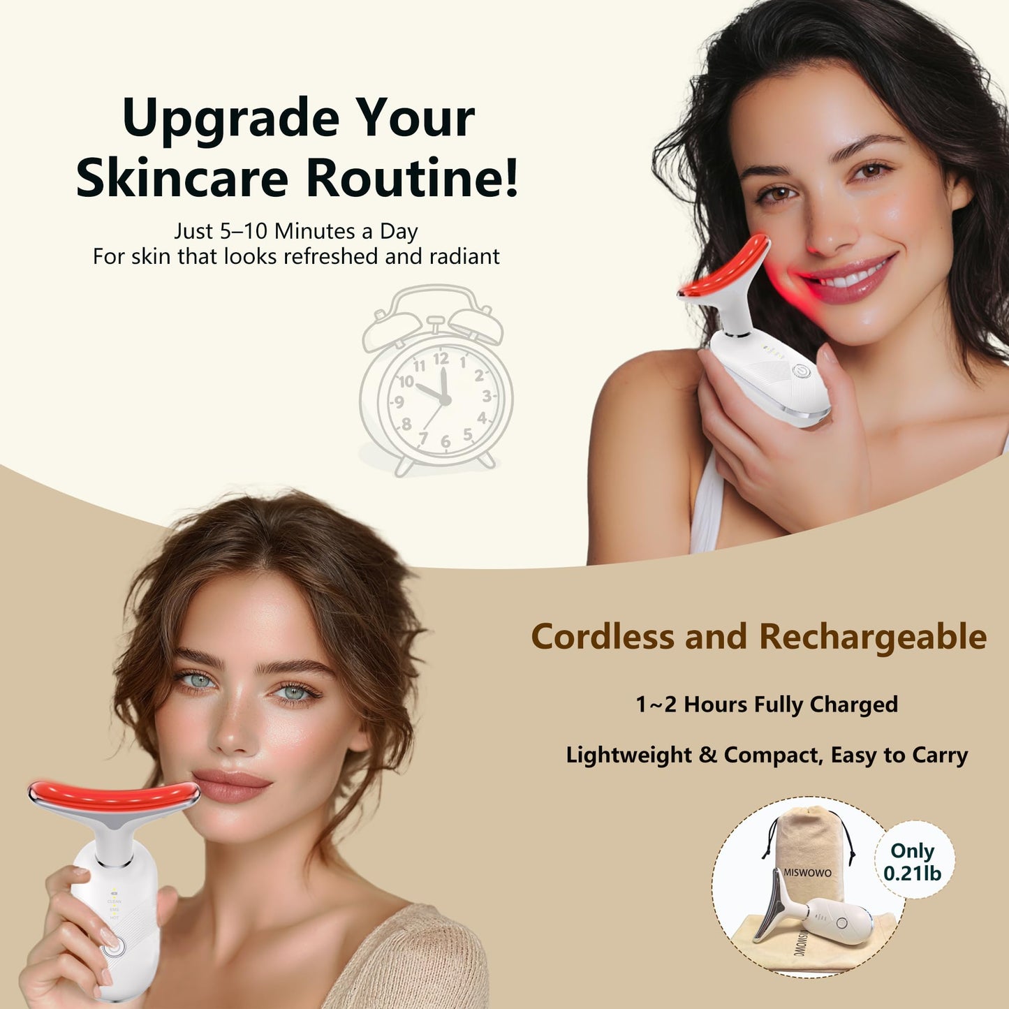 MISWOWO Red Light Face Neck Massager - 3-in-1 Face Massager Skin Care Tool, LED & Vibration Beauty Device for Glowing Skin and Neck Contouring At-Home