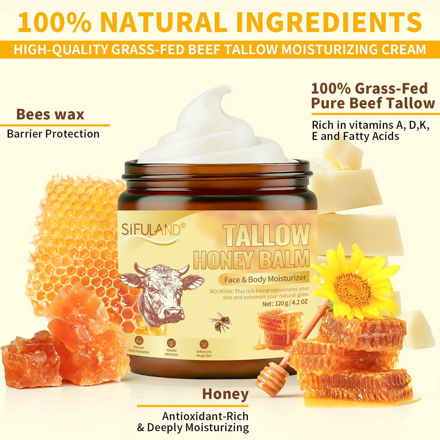 SiFULAND Beef Tallow for Skin, 100% Organic Grass-Fed Beef Tallow & Raw Honey Balm - Deep Nourishing Moisturizer for Face and Body, Sensitive Skin - All Natural Formula - 4.2 OZ