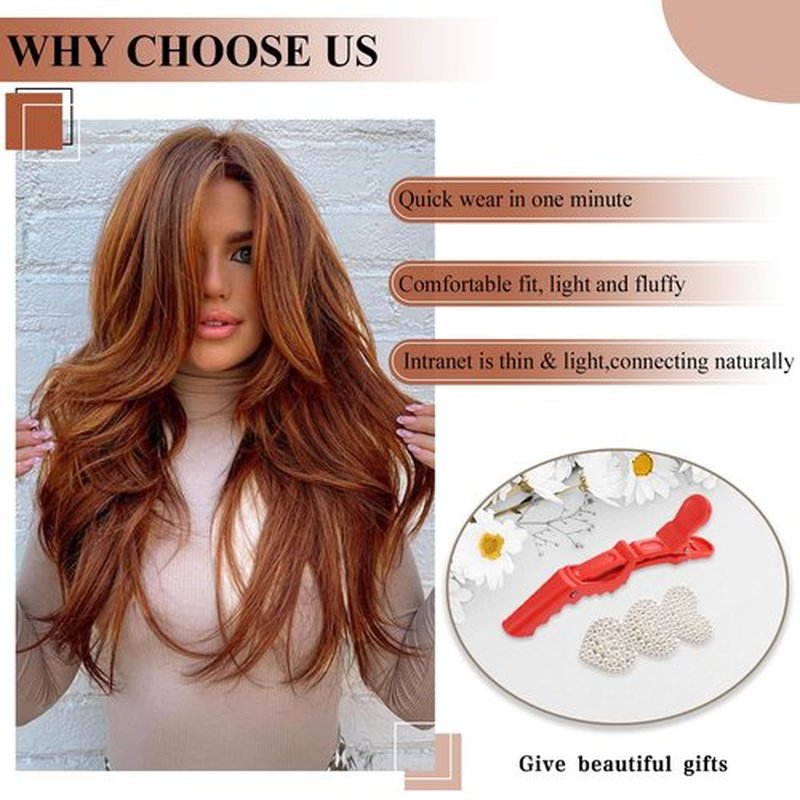 FREEMEIGE Copper Red Hair Extensions Clip in Hair Extensions for Women Long Layered Hair Extensions Straight Synthetic Clip in Extensions Long Wavy Extension Daily Use 20 Inch