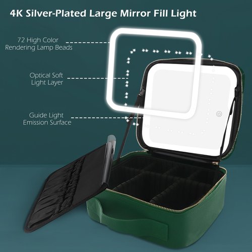 MOMIRA Makeup Bag with Mirror and Light Travel Makeup Train Case Cosmetic Bag Organizer Portable Artist Storage Bag with Adjustable Dividers Makeup Brushes Storage Organizer Emerald green
