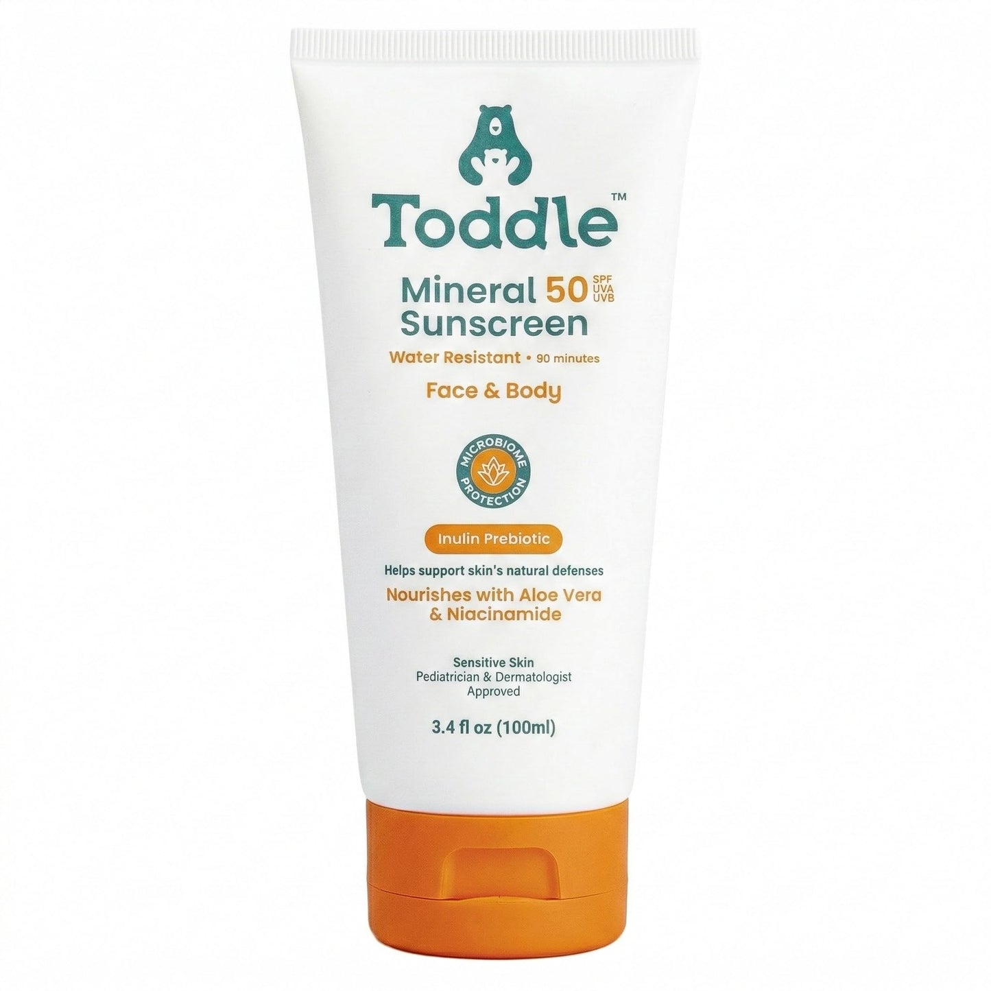 Toddle Prebiotic Mineral Sunscreen SPF 50 for Kids & Baby, Face & Body Sun Protection, Reef Safe, Non-Toxic Zinc Oxide Broad Spectrum, Water-Resistant, No White Cast, Travel Size 3.4oz