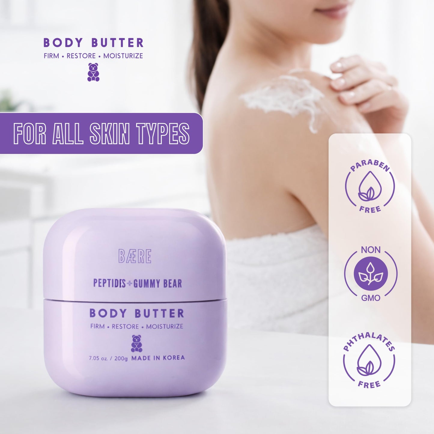 Baere Peptides Body Butter With Gummy Bear – Dermatologist Tested, Anti-Aging Korean Skin Care – Deep Skin Hydration For A Smooth Dewy Glow – Vegan, Clean Beauty – 7.05 Oz