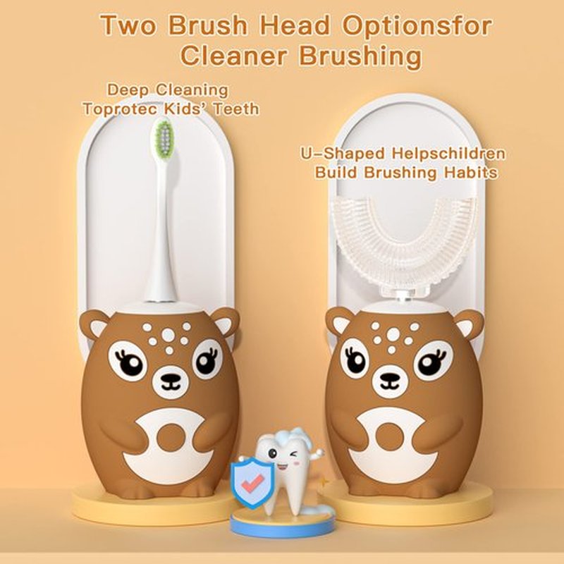 JIANLEJIA Kids Electric Toothbrushs U Shaped Sonic Automatic Toothbrush with 4 Brush Heads, Six Cleaning Modes,Cartoon Deer Modeling, Full Mouth Toothbrush for Baby
