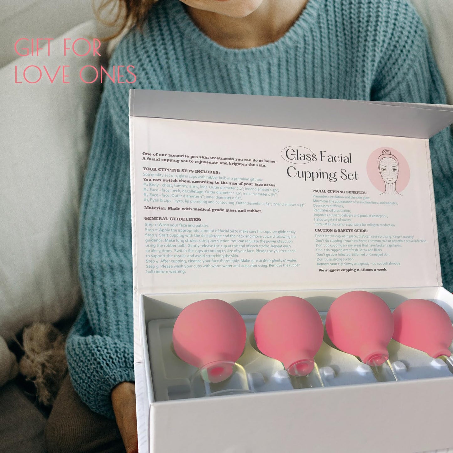 okmaba 4PCS Glass Facial Cupping Set, Anti Aging Face Cupping Cups for Face & Neck Lift, Glowing Skin - Rejuvenation, Lymphatic Drainage, Facial Vacuum Suction Cups (Pink)