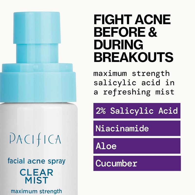 Pacifica Acne Treatment Facial Spray - Clear Mist with 2% Salicylic Acid & Niacinamide | Vegan, Dermatologist Tested