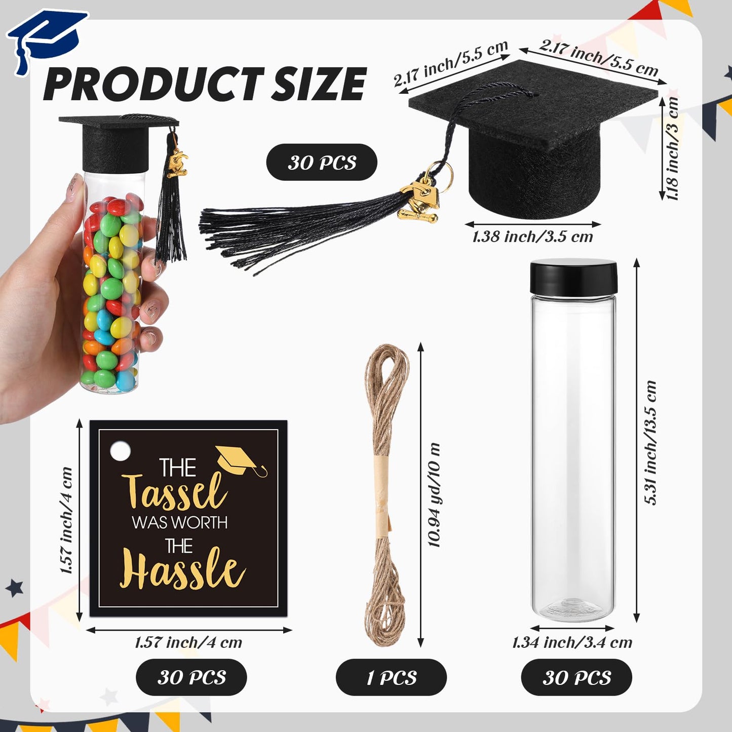 Willinglong 30 Set 2026 Graduation Candy Tubes Jars Set 100 ml Fillable Clear Plastic Gumball Container with Cap with Tassel and Cards for DIY 2026 Graduation Party Favors(Black)