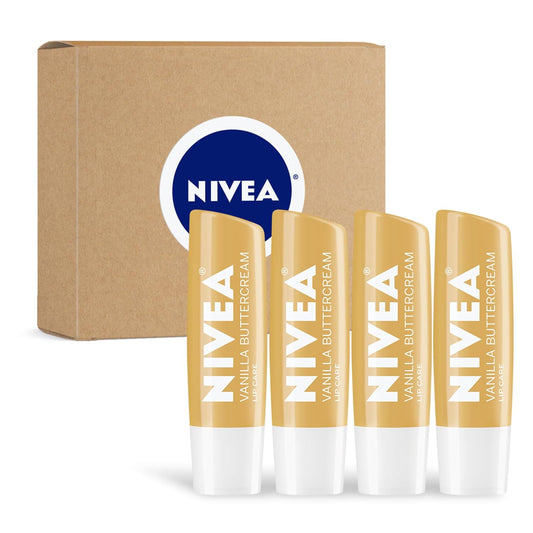 NIVEA Vanilla Buttercream Lip Balm - Moisturizing Shea Butter & Nourishing Oils | 0.17 Oz Stick, Pack of 4
