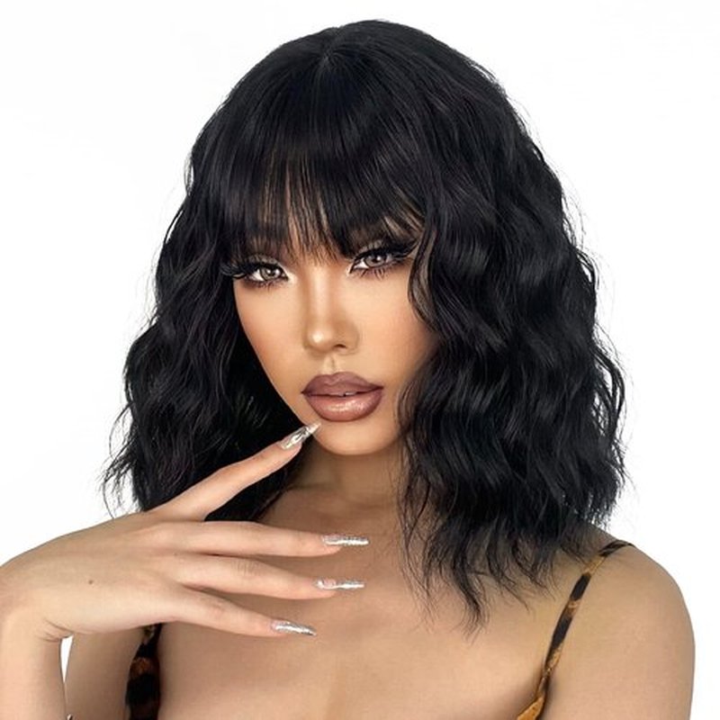 LINGHANG Short Black Wig with Bangs, Short Black Natural Wavy Wigs for Women, Wavy Black Wig with Bangs Synthetic Natural Looking Heat Resistant Fiber Cosplay Wigs